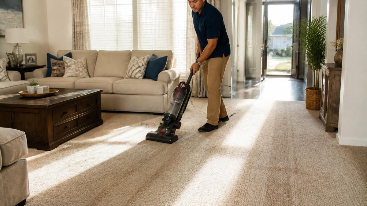 Homeowner vacuuming a sunlit living room to show how often should you clean your carpets in high-traffic areas.
